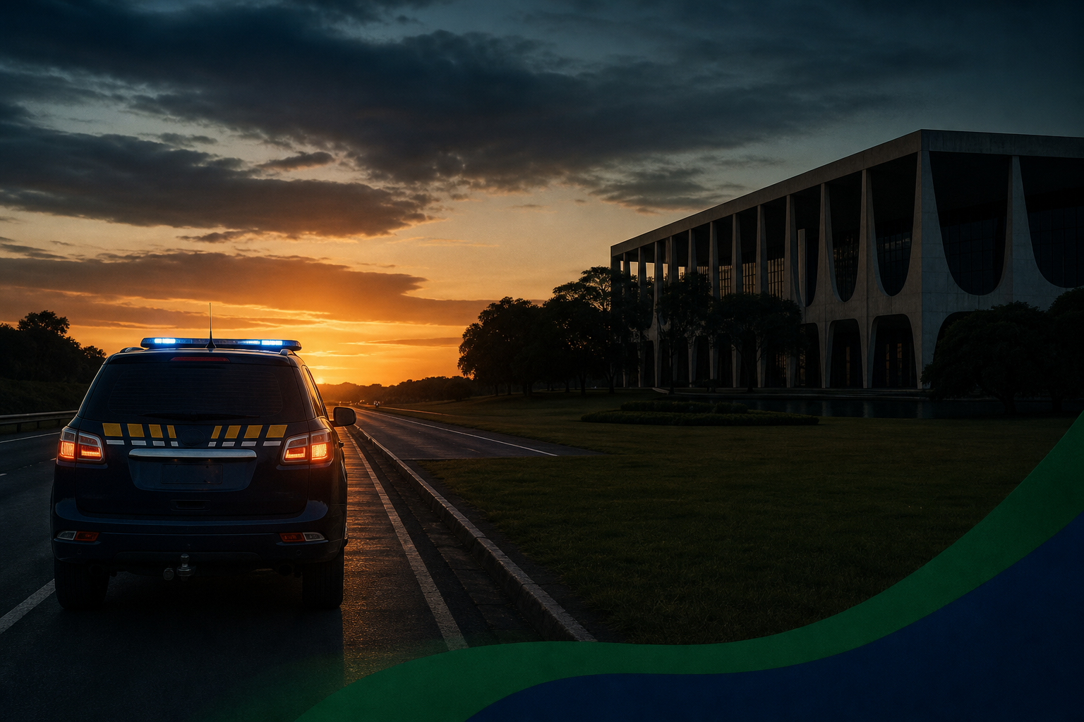 Polícia Rodoviária Federal e Polícia Federal em uma estrada ao entardecer