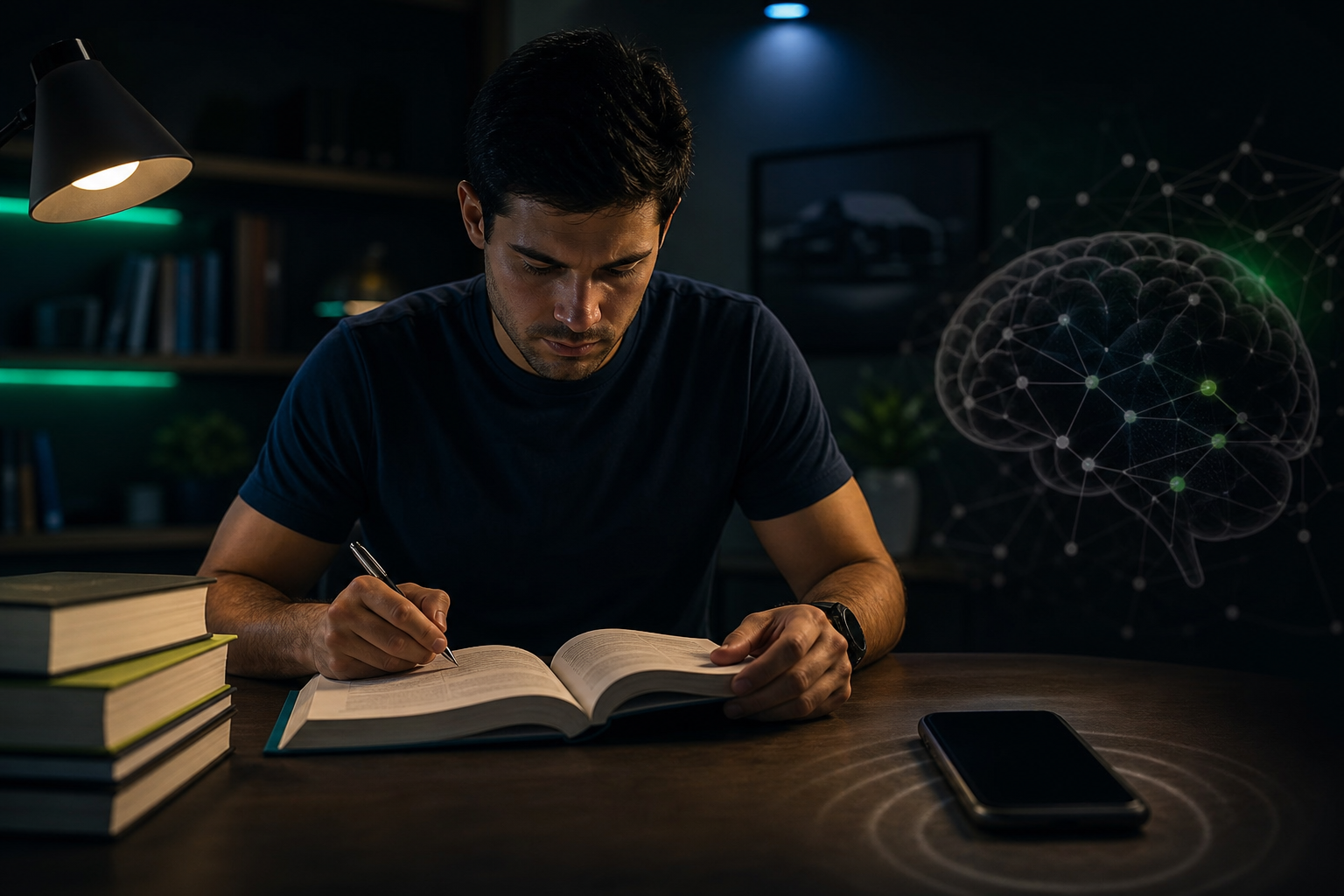 Celular sobre a mesa de estudos ilustrando o efeito brain drain na atenção